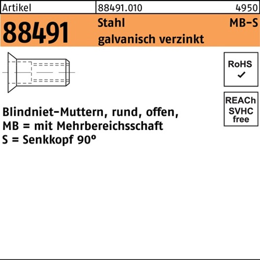 Blindnietmutter M6 Senkkopf 90° Stahl verzinkt, offen, Mehrbereichsschaft (R 88491, 500 Stück)