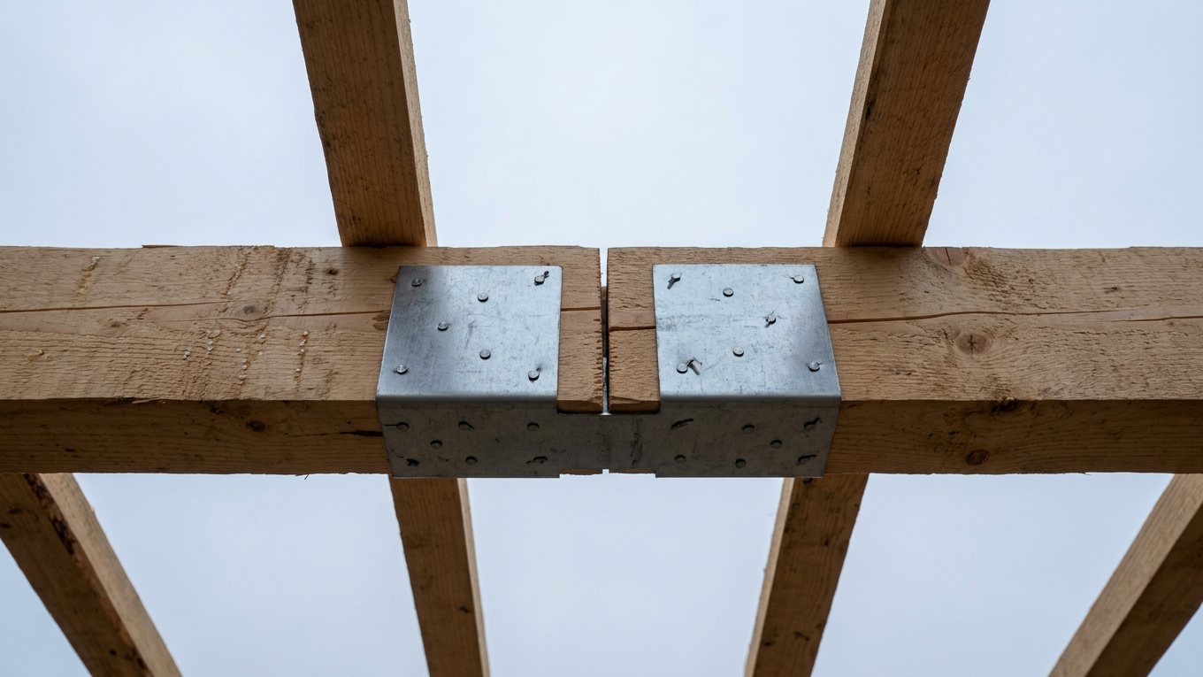 Untersicht auf den Stoß zweier Holzpfetten, die mit einem verzinkten Gerberverbinder aus Stahlblech verbunden sind.