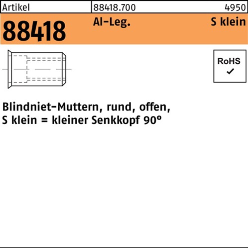 Blindnietmutter M5 Senkkopf 90° Aluminium, Klemmbereich 0,5-3,0 mm, 500 Stück (R 88418)
