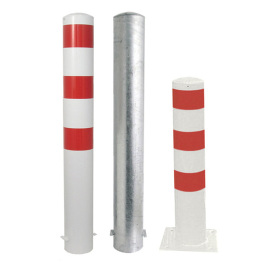 Rammschutzpoller Bollard Ø152 mm, 2000 mm, zum Einbetonieren, feuerverzinkter Stahl, weiß mit 3 rot reflektierenden Leuchtstreifen, 3 Ösen 90°, Stahlkappe