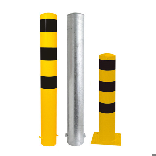 Rammschutzpoller Bollard Ø152 mm, 1200 mm, zum Einbetonieren, feuerverzinkter Stahl, mit Stahlkappe, Betonanker und 2 Ösen, signalgelb RAL 1003 mit 3 schwarzen Streifen