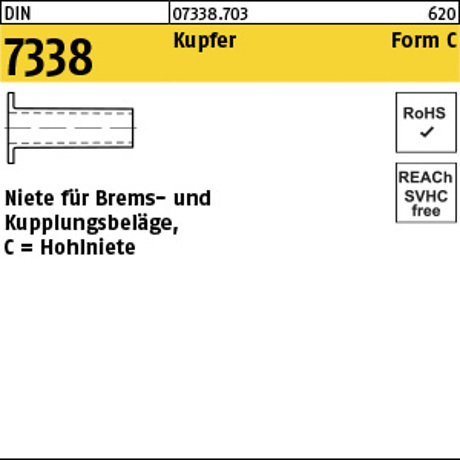 DIN 7338 Hohlniete Form C Kupfer 8 x 25 mm – Brems- & Kupplungsbeläge – 100 Stück