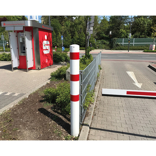 Rammschutzpoller Bollard Ø193 mm, 1200 mm, zum Einbetonieren, feuerverzinkter Stahl, weiß mit 3 roten Reflexstreifen, 2 Ösen, Stahlkappe