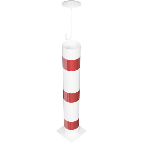 Rammschutzpoller Bollard Ø152 mm, 1000 mm, weiß mit 3 roten Reflexstreifen, zum Aufdübeln mit Bodenplatte 220x220 mm, Stahlkappe mit Betonanker