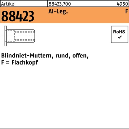 Blindnietmutter Flachkopf M10 Aluminium, offen, rund, 0,25-3,5 mm, 100 Stück (R 88423)