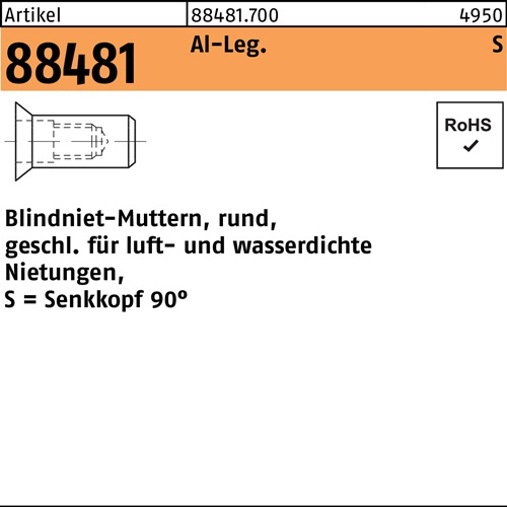 Blindnietmutter M5 (1,5 - 4,0 mm) Aluminium, rund, geschlossen, SEKO R 88481, 500 Stück