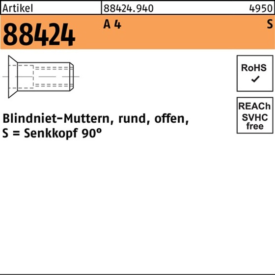 Blindnietmutter R 88424 Senkkopf 90° M8 (1,5 - 4,5) A4 rund offen, 100 Stück