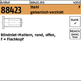Blindniet-Muttern M5 Stahl galvanisch verzinkt, Flachkopf, rund, offen, Klemmbereich 2,5–5,0 mm (500 Stück)