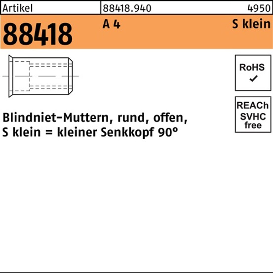 Blindnietmutter M8 Senkkopf A4 Edelstahl, Klemmbereich 0,25–3,5 mm, R 88418, 100 Stück