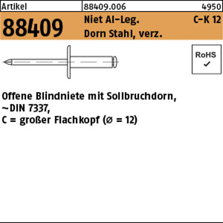 FLAKO Blindniete Alu/Stahl verzinkt 4 x 8 mm, Flachkopf K 12, 500 Stück (ART 88409)