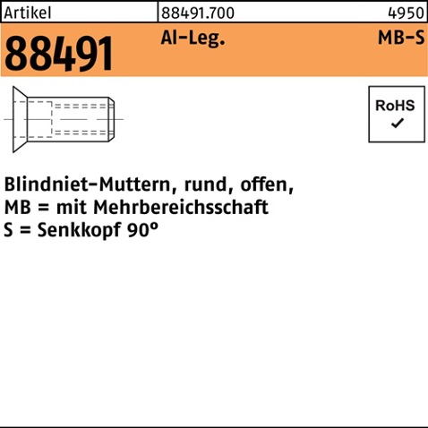 Blindnietmutter R 88491 Senkkopf M6 Aluminium, offen, Mehrbereichsschaft, 500 Stück