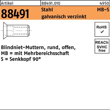 Blindnietmutter M4 Senkkopf 90° Stahl verzinkt, Klemmbereich 1,5–6,0 mm, 500 Stück (R 88491)
