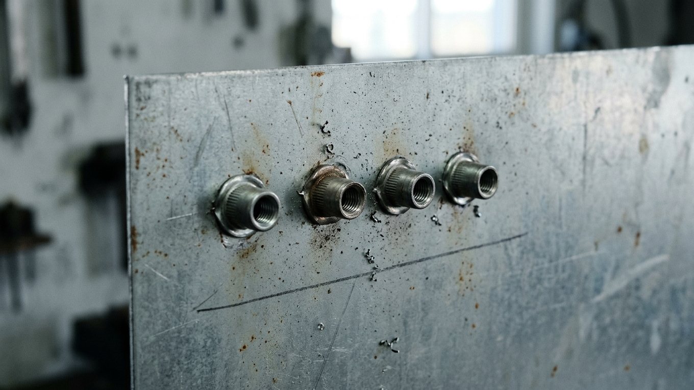 Rückseite eines Stahlblechs mit einer Reihe gesetzter Einnietmuttern, deren gestauchte Wülste das Blech von hinten umfassen.