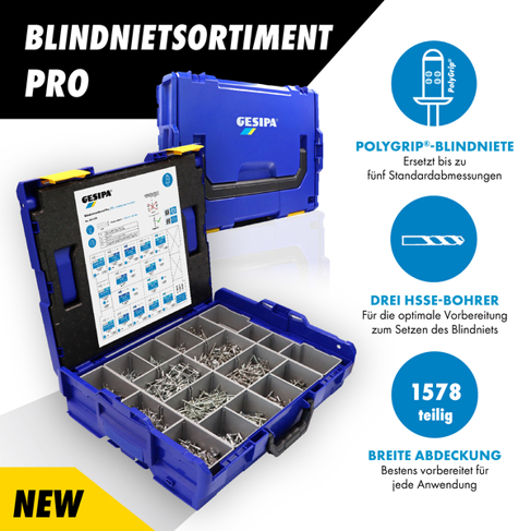 GESIPA Blindnietsortiment Pro in L-Boxx – 1.578 Teile, 15 PolyGrip Abmessungen