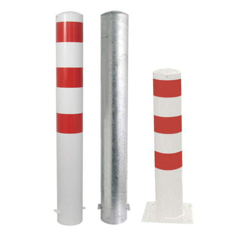 Rammschutzpoller Bollard Ø152 mm, 1000 mm, feuerverzinkter Stahl, zum Aufdübeln mit Bodenplatte 220x220 mm, weiß mit 3 roten Reflexstreifen, 1 Öse, Stahlkappe mit Betonanker