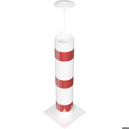 Rammschutzpoller Bollard Ø193 mm, 1000 mm, weiß mit 3 roten Reflexstreifen, Bodenplatte 360x360 mm zum Aufdübeln, Stahlkappe, feuerverzinkt