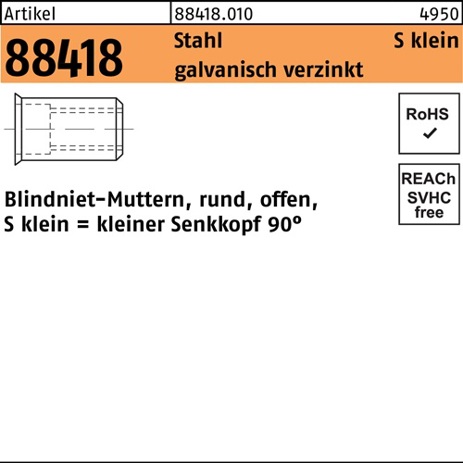 Blindnietmutter Senkkopf M6 (0,25–3,5 mm) Stahl verzinkt, R 88418, 250 Stück