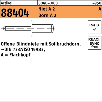 Blindniete Flachkopf 4 x 16 mm, Niet A2 / Dorn A2, R 88404, 500 Stück