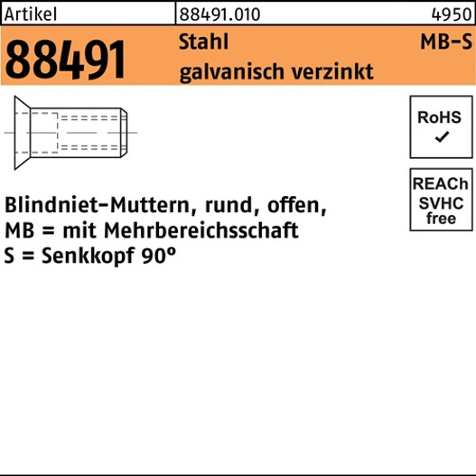 Blindnietmutter M8 Senkkopf 90° Stahl verzinkt, Mehrbereichsschaft 1,5–7,5 mm, R 88491, 500 Stück