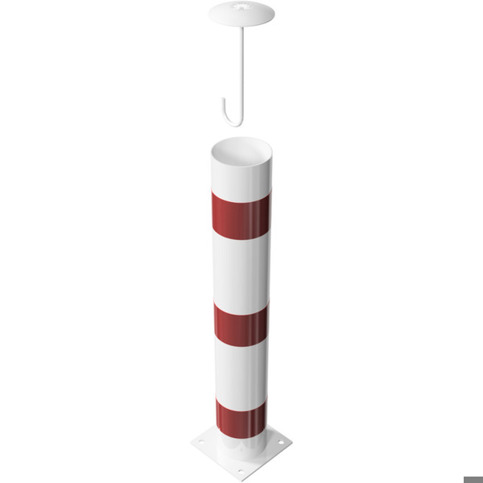Rammschutzpoller Bollard Ø152 mm, 1000 mm, weiß mit 3 roten Reflexstreifen, zum Aufdübeln mit Bodenplatte 220x220 mm, Stahlkappe mit Betonanker