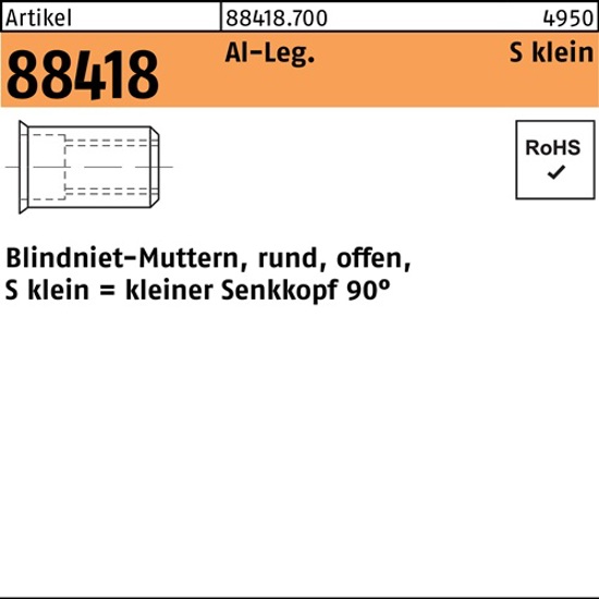Blindnietmutter Senkkopf M4 (0,5–3,0 mm) Aluminium, R 88418, 500 Stück