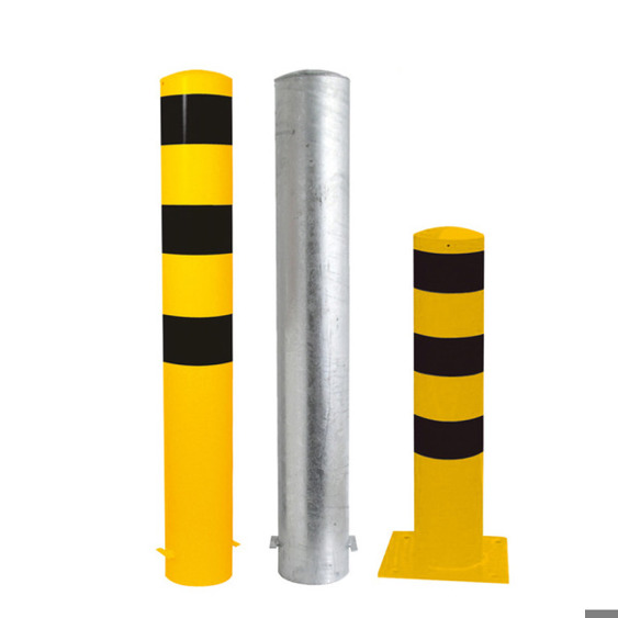 Rammschutzpoller Bollard Ø193 mm, feuerverzinkt, 1000 mm, zum Aufdübeln mit Bodenplatte 360x360 mm, mit Stahlkappe, signalgelb (RAL 1003) mit 3 schwarzen Streifen