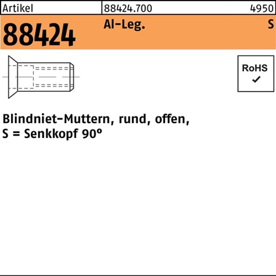 Blindnietmutter Senkkopf M10 Aluminium, R 88424, Klemmbereich 4,0–6,5 mm, 100 Stück