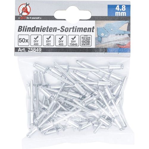 BGS DIY 75849 Blindnieten-Sortiment Ø 4,8 mm, 50-teilig – Aluminium mit Stahlstift