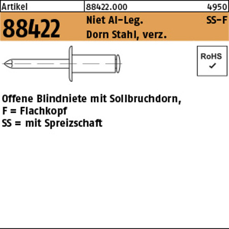 Spreiz-Blindniete Alu/Stahl verzinkt 4 x 10 mm, Flachkopf, 500 Stück