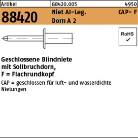 Blindniete geschlossen Alu/Edelstahl A2 CAP-F 4 x 11 mm, Flachrundkopf, 500 Stück (ART 88420)