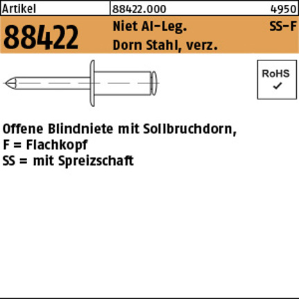 Spreiz-Blindniete Alu/Stahl verzinkt, Flachkopf 4,8 x 14 mm, 250 Stück