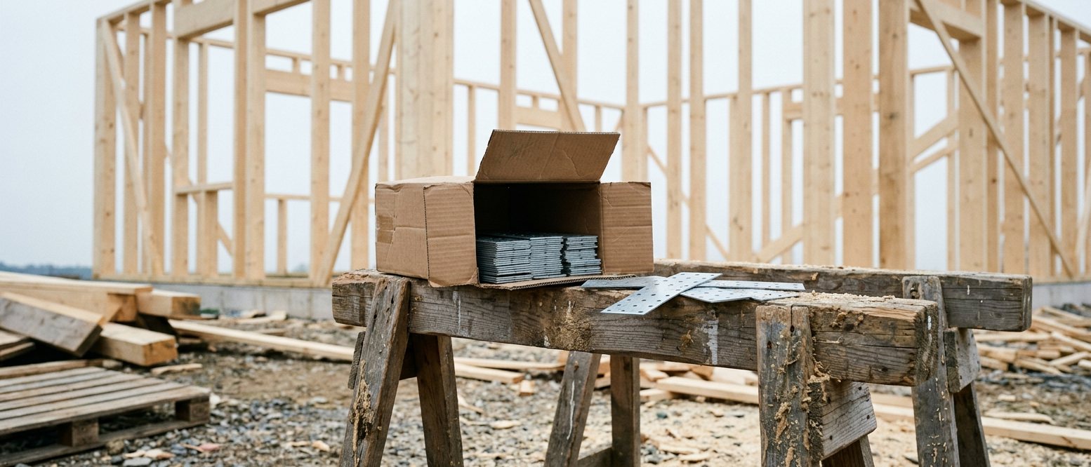 Auf einem Holzbock auf der Baustelle steht ein geöffneter, unbedruckter Karton mit verzinkten Lochblech-Flachverbindern, dahinter ein Holzrahmenbau unter bedecktem Himmel.