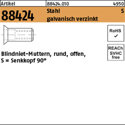Blindniet-Mutter M8 Stahl verzinkt, Senkkopf 90°, offen, Klemmbereich 4,0–6,5 mm (100 Stück)