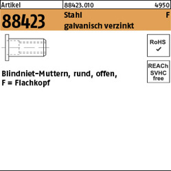 Blindniet-Muttern M6 Stahl verzinkt, Flachkopf, rund, offen, Klemmbereich 3,0–5,5 mm (250 Stück)