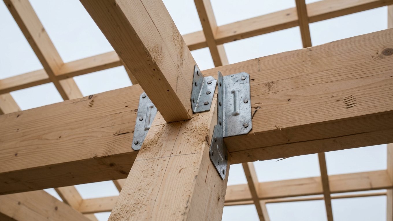 Blick von unten in eine offene Holzkonstruktion: verzinkte Winkelverbinder mit Rippe verbinden einen Fichtenbalken mit einem Brettschichtholzträger, darüber heller, bedeckter Himmel.