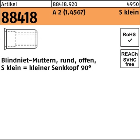Blindnietmutter M5 Senkkopf A2 (1.4567) – R 88418, Klemmbereich 0,25–3,0 mm, 500 Stück