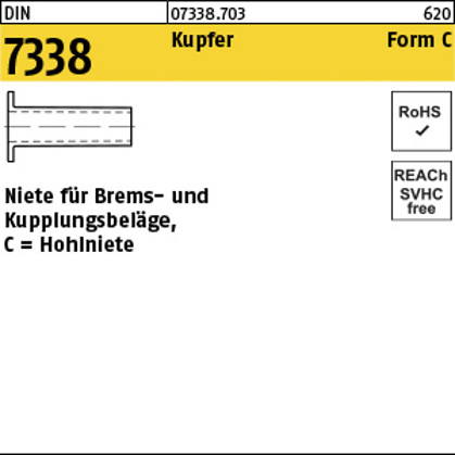 DIN 7338 Hohlniete Form C aus Kupfer 4 x 10 mm für Brems- und Kupplungsbeläge, 100 Stück