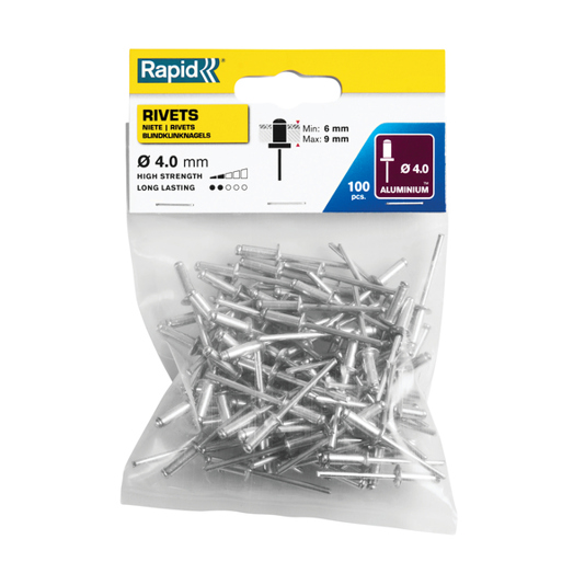Rapid 5000379 Blindniete 4 x 12 mm, Aluminium/Stahl, Silber – für RP10, RP40, RP60, RP100 & RP150 Multi