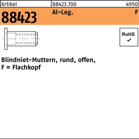 Blindnietmutter M4 Flachkopf Aluminium, offen, rund, Klemmbereich 2,5–4,5 mm, 500 Stück (R 88423)