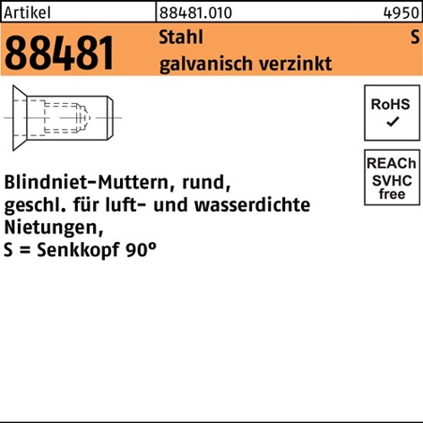 Blindnietmutter M8 (1,5–4,5 mm) Stahl verzinkt, rund, geschlossen, SEKO R 88481, 250 Stück