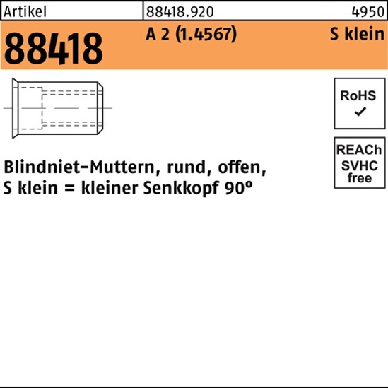 Blindnietmutter M4 Senkkopf A2 (1.4567) Edelstahl, Klemmbereich 0,25-3,0 mm, 500 Stück (R 88418)