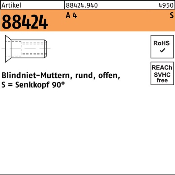 Blindnietmutter Senkkopf 90° M5 | Klemmbereich 3,5–6,0 mm | A4 Edelstahl | R 88424 | 500 Stück