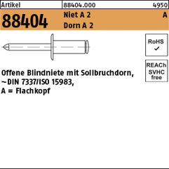 Blindniete A2/A2 Flachkopf 4 x 14 mm, Edelstahl, offen mit Sollbruchdorn, 500 Stück (ART 88404)