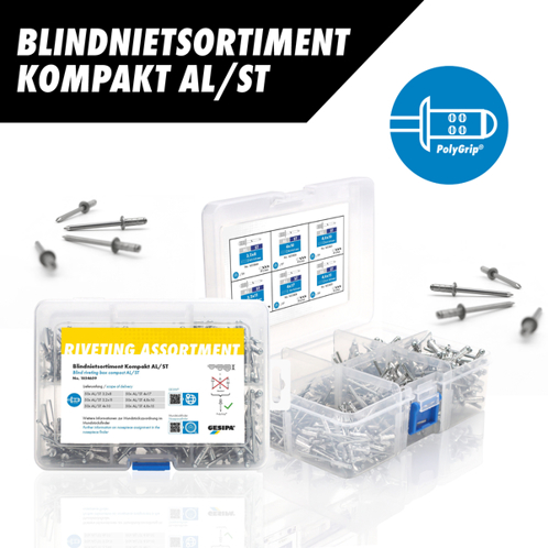GESIPA Blindnietsortiment Kompakt AL/ST – 300 PolyGrip Mehrbereichs-Blindnieten, 6 Abmessungen