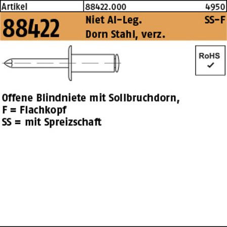 Spreiz-Blindniete Alu/Stahl verzinkt 3,2 x 12 mm, Flachkopf, 500 Stück (ART 88422)
