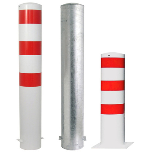 Rammschutzpoller Bollard Ø193 mm, 1200 mm, zum Einbetonieren, feuerverzinkter Stahl, weiß mit 3 roten Reflexstreifen, 2 Ösen, Stahlkappe