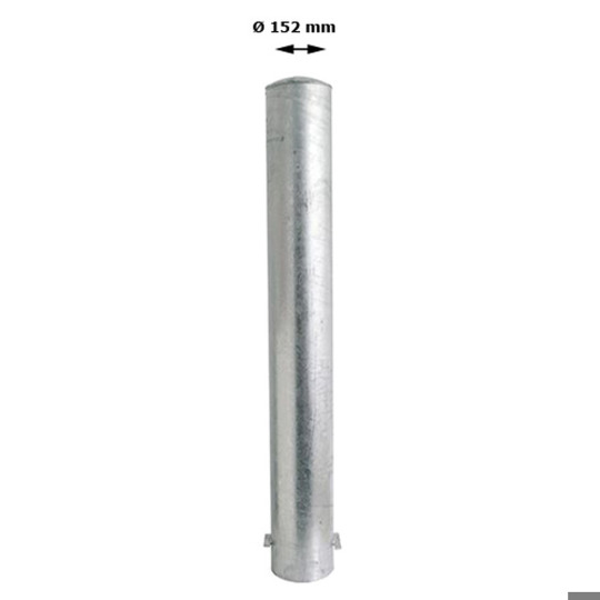 Rammschutzpoller Bollard Ø152 mm, 1200 mm, feuerverzinkt, zum Einbetonieren, weiß mit 3 roten Reflexstreifen, Stahlkappe, 2 Ösen