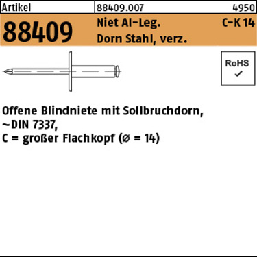 FLAKO Blindniete Alu/Stahl verzinkt, Flachkopf K 14, 5 x 25 mm, 250 Stück (ART 88409)