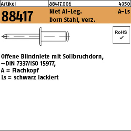 Blindniete 5 x 10 mm Aluminium schwarz lackiert, Stahldorn verzinkt, Flachkopf – 500 Stück