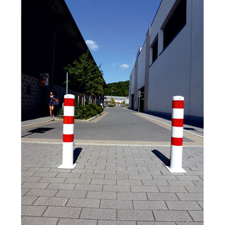 Rammschutzpoller Bollard Ø152 mm, 2000 mm, zum Einbetonieren, feuerverzinkt, weiß mit 3 roten Reflexstreifen, Stahlkappe, 2 Ösen